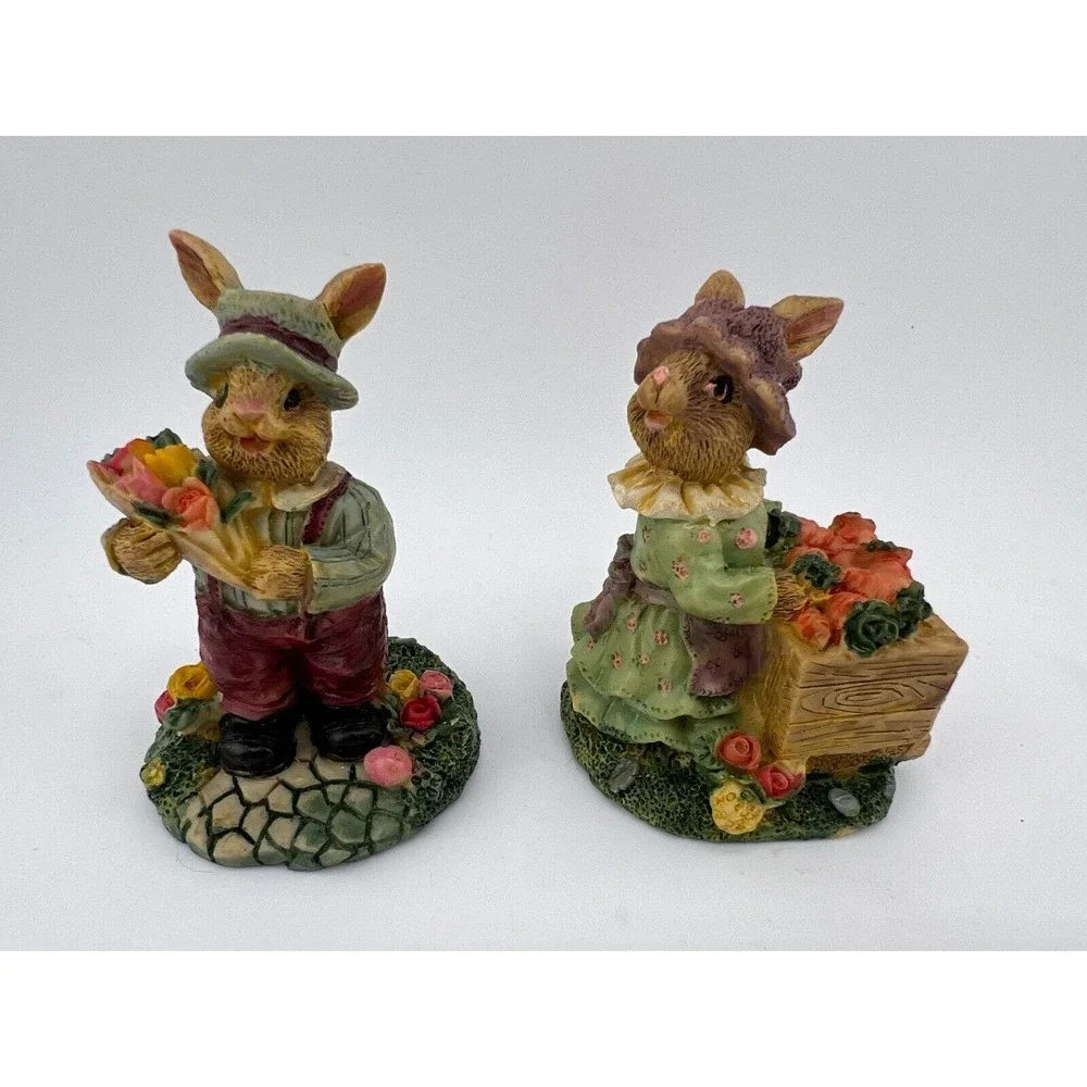 Vtg Girl Bunny Picking out Carrots & Rabbit‎ Picking Easter Egg Bouquet Figurine
